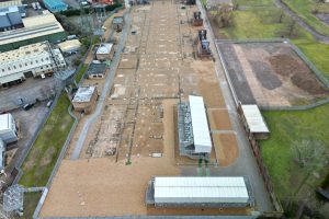 A high angle photo of the substation at Little Barford showing freshly laid groundworks and less above ground electricity equipment than in the before image in the body of the article