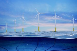 A stock image of a 3d rendering of an offshore wind farm with view of submarine cables